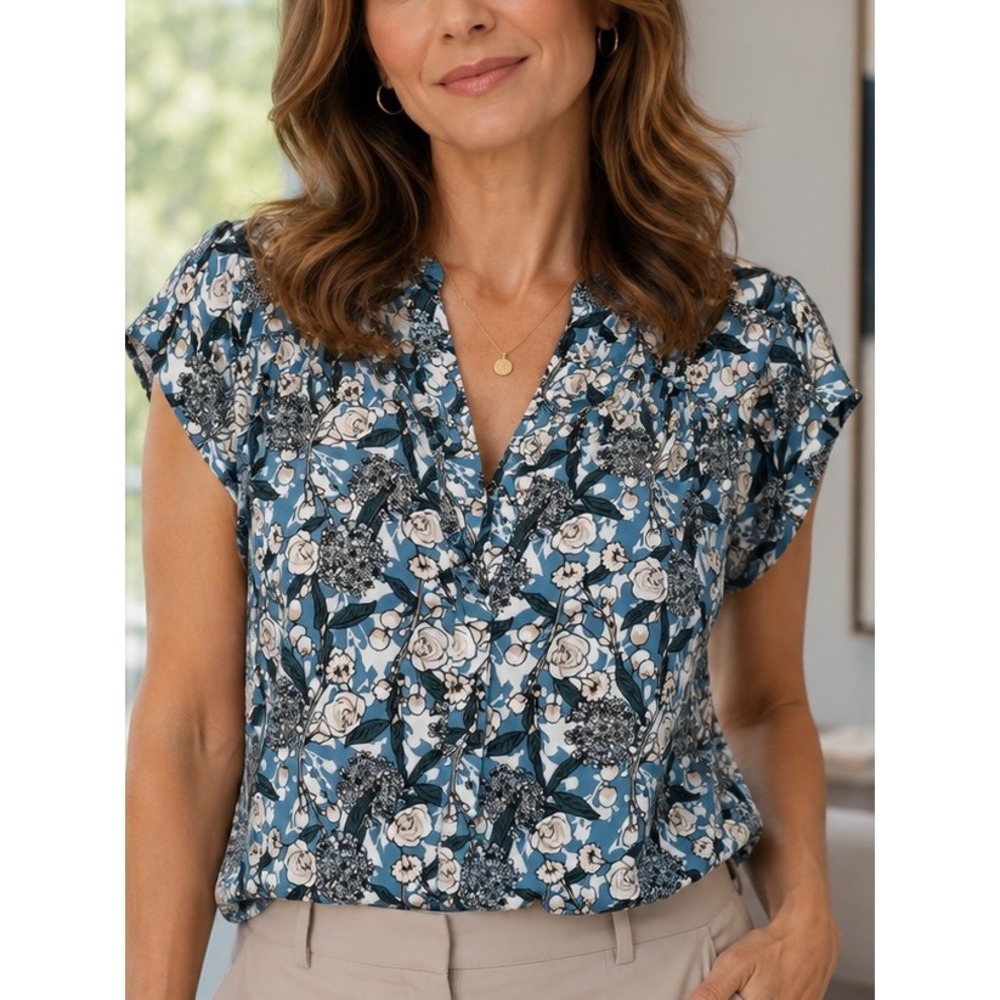 DR2 Womens Blouse Blue Large Floral V-Neck Cap Sleeve DR17435PR1 Botanical Print